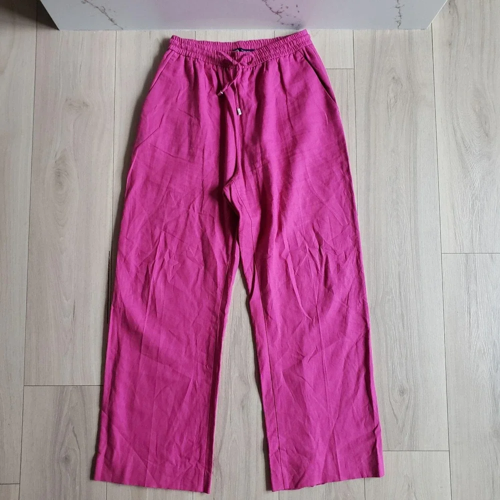 Zara Dress Pants Womens M Pink Linen Cotton Wide Leg Elastic Drawstring Waist